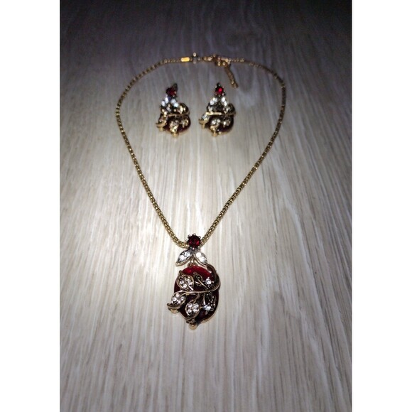 Necklace & Earrings Set - Dark Ruby Like Red & Diamond like Accents - Picture 3 of 7